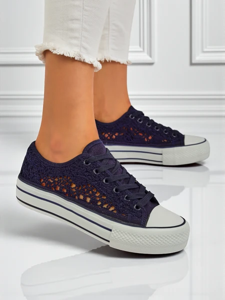 Damskie trampki Aureliana Granatowe z tkaniny ażurowej na płaskiej podeszwie
