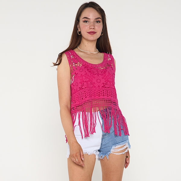 Royalfashion Fuksjowa damska koronkowa bluzka crop top z falbankami