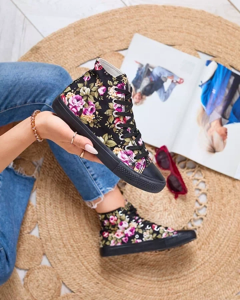 Royalfashion Wysokie czarne kwieciste trampki damskie Soxic