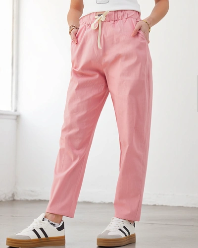 Royalfashion Bawełniane proste spodnie damskie z wiązaniem w pasie