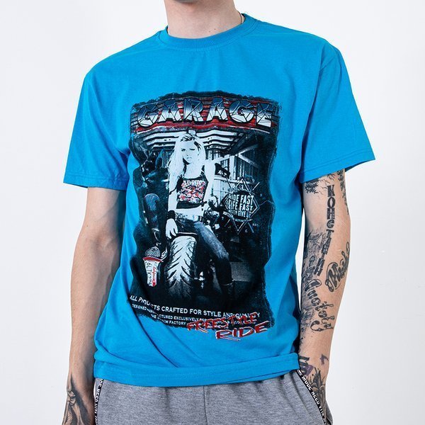 Royalfashion Jasnoniebieski bawełniany t-shirt męski zdobiony printem i napisem