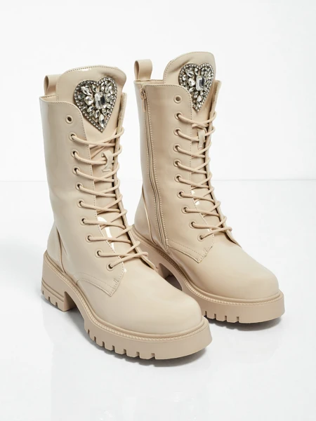 Botki Damskie Flora Beżowe Lśniące Eleganckie na Jesień