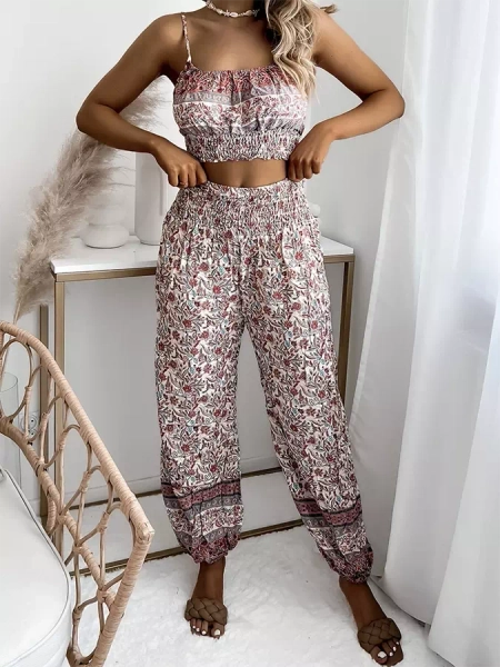 Royalfashion Beżowy damski komplet z printem