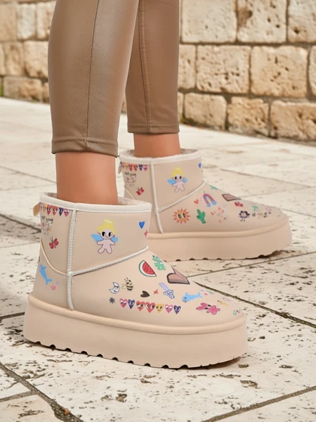 Buty Ocieplane Callisto Angelico z Rysunkami Dziecięcymi na Platformie Beige