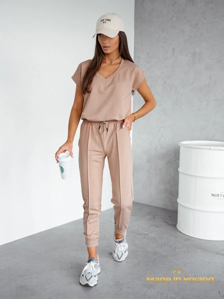 Beżowy Zestaw Livia z Dekoltem w Serek