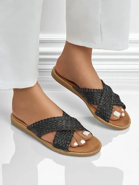 Жіночі сандалі Calista Nero плоскі, чорна плетінка, екологічна шкіра