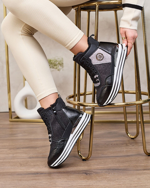 Royalfashion Sportowe czarne sneakersy damskie z brokatem Kawellas