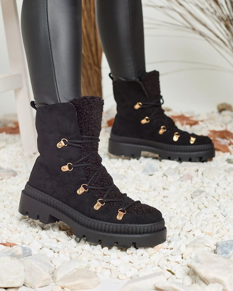 Royalfashion Czarne damskie ocieplane botki typu trapery z kożuszkiem Lery Walk