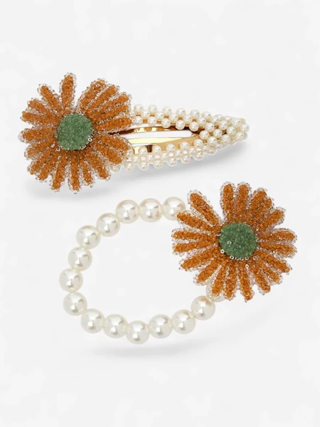 Royalfashion Zestaw spinki i gumki z kwiatem Flora Perla