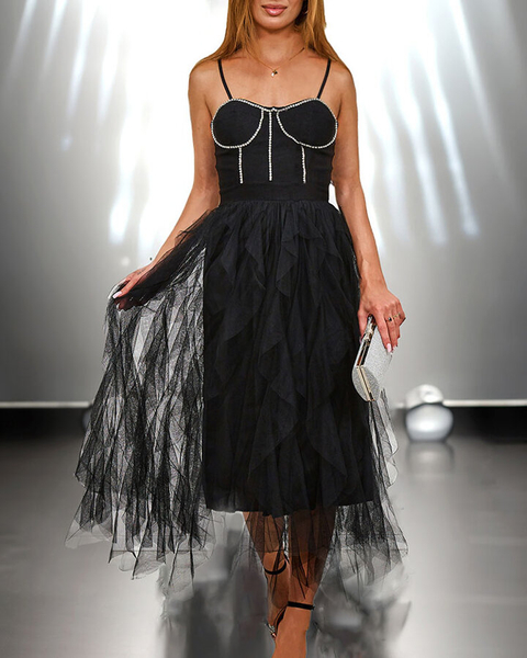 Royalfashion Czarna sukienka damska midi z tiulem i kryształkami