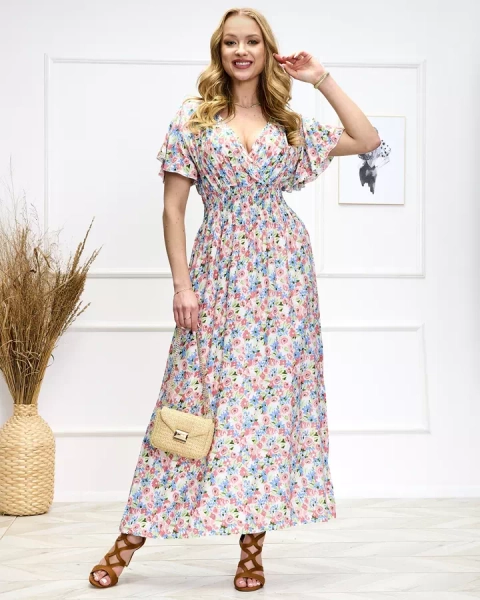 Royalfashion Różowo-zielona damska kwiecista sukienka midi