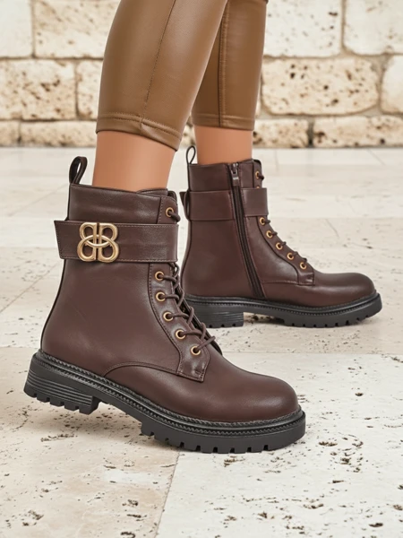 Шкіряні ботильйони Castorina коричневі на блискавці, круглий носок, eco leather