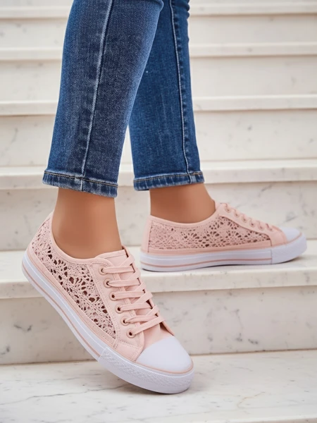 Różowe trampki damskie Tkanina Kalipso – ażurowe sneakersy na płaskiej podeszwie