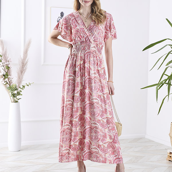 Royalfashion Wzorzysta różowa damska sukienka midi