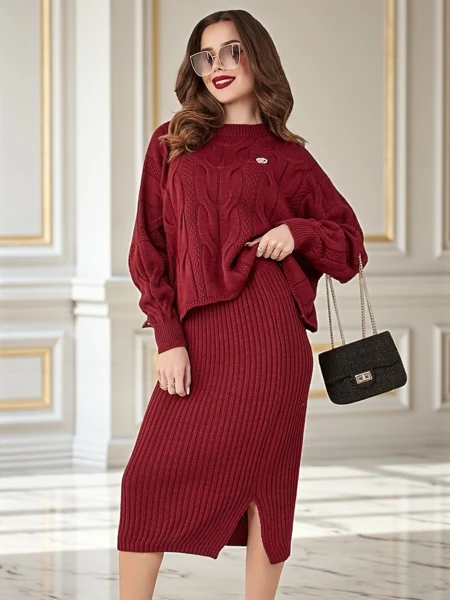 Royalfashion Akrylowy pleciony komplet damski ze swetrem i spódnicą Warm&Fuzzy