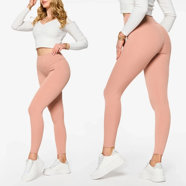 Royalfashion Różowe damskie prążkowane legginsy
