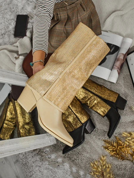 Botki damskie eko skórzane na słupku z ozdobną cholewką Virelia