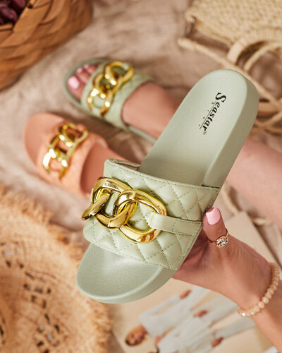 Жіночі зелені стьобані тапочки із золотим ланцюжком Eteris - Взуття