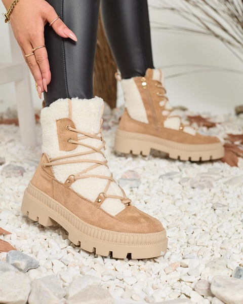Royalfashion Beżowe botki damskie typu trapery z kożuszkiem Getatsa