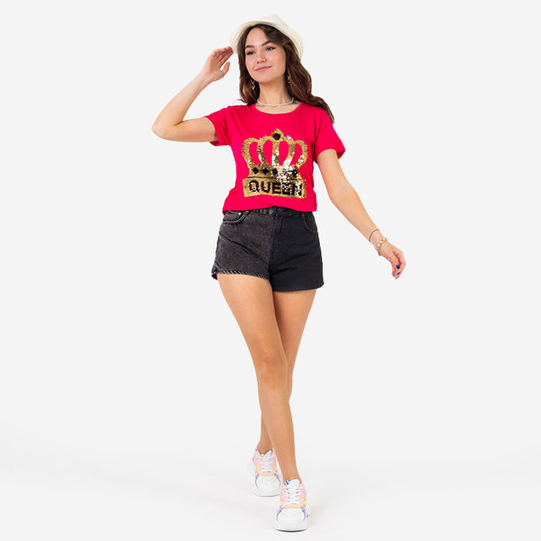 Royalfashion Fuksjowy damski t-shirt z koroną i cekinami