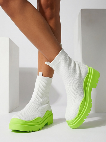 Royalfashion Biało-zielone botki damskie na płaskim obcasie Seritis