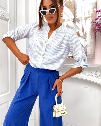 Royalfashion Koszula damska w paski i cytrynki z dekoltem w serek