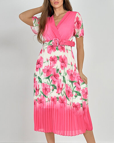 Royalfashion Damska plisowana sukienka midi w kwiaty
