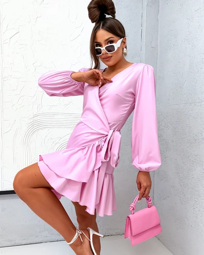 Royalfashion Wiązana damska sukienka mini z falbankami