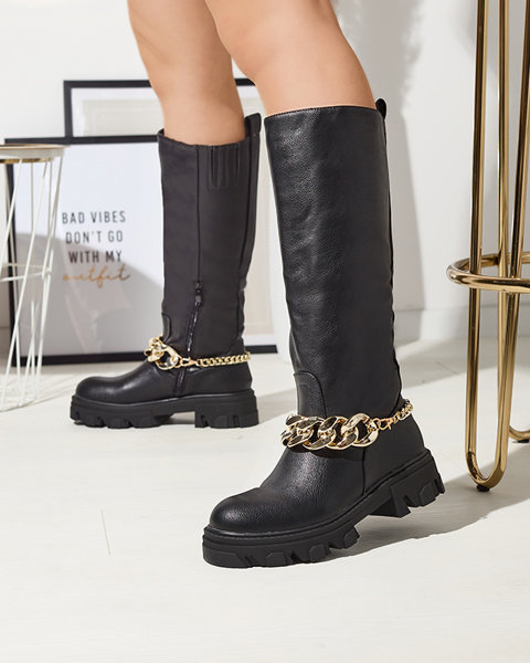 Royalfashion Damskie czarne kozaki z łańcuszkiem Sudzi