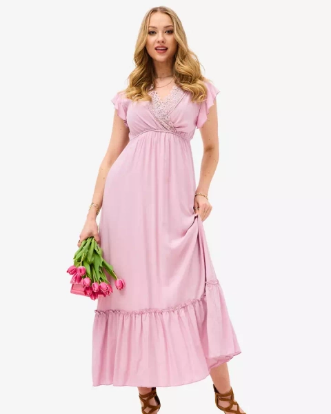Royalfashion Damska różowa długa sukienka z koronką