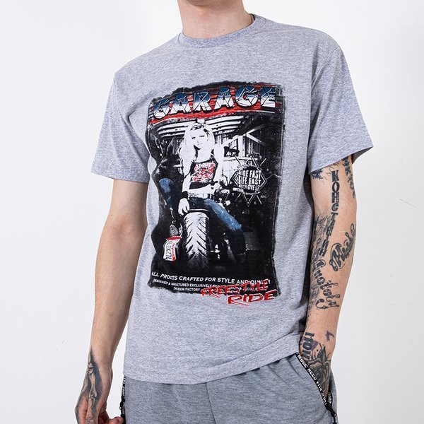 Royalfashion Jasnoszary bawełniany t-shirt męski zdobiony printem i napisem