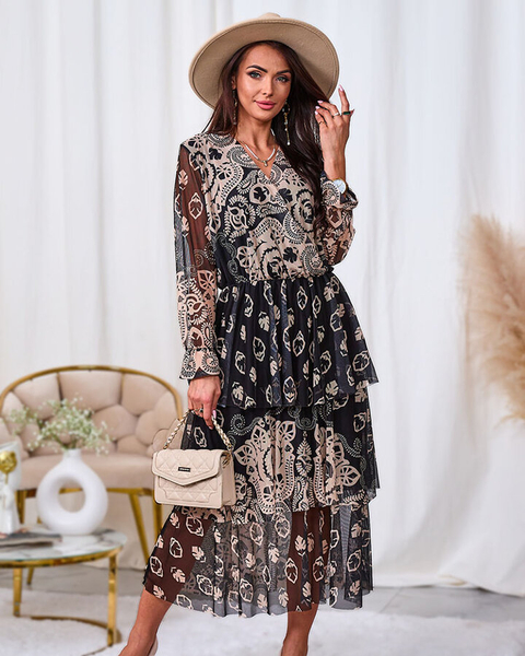 Royalfashion Czarno- beżowa siateczkowa sukienka midi z printem