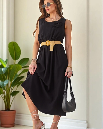 Royalfashion Damska sukienka midi na ramiączkach, z okrągłym dekoltem z ozdobnym kwiatem