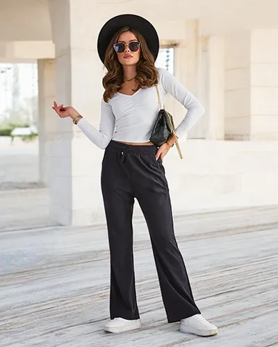 Royalfashion Granatowe damskie sztruksowe spodnie materiałowe