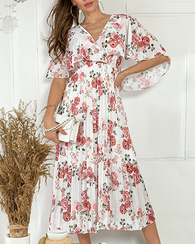 Royalfashion Damska plisowana sukienka midi w kwiaty