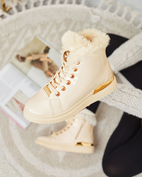 Royalfashion Beżowe lakierowane damskie ocieplane botki Sylnina