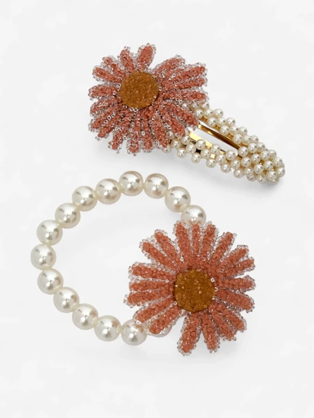 Royalfashion Zestaw spinki i gumki z kwiatem Flora Perla