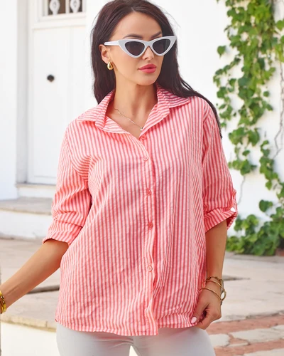 Royalfashion Bawełniana damska koszula w paski z wiązaniem na dole