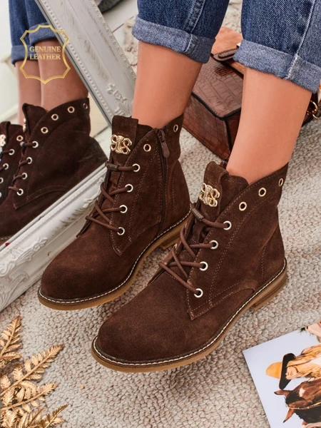 Botki damskie Aurelia Romano z naturalnego zamszu – brązowe, z futerkiem