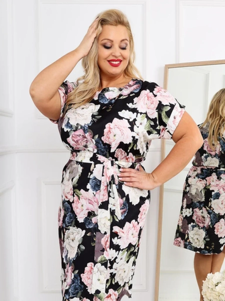 Royalfashion Жіноча сукня до колін з коротким рукавом та трояндою у зав’язці