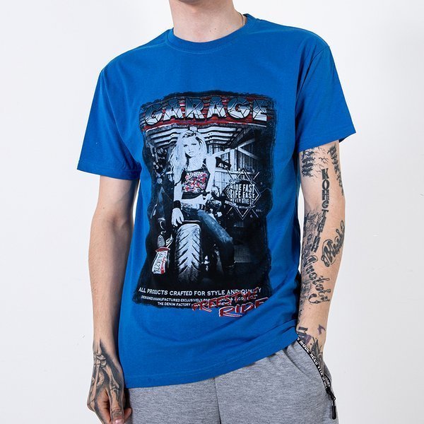 Royalfashion Kobaltowy bawełniany t-shirt męski zdobiony printem i napisem