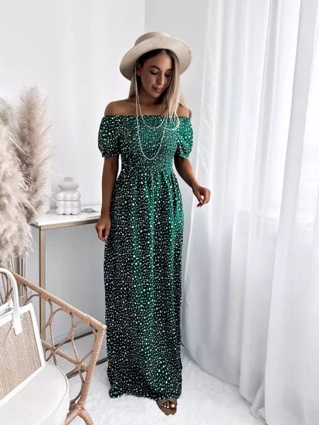 Royalfashion Zielona sukienka damska maxi w groszki