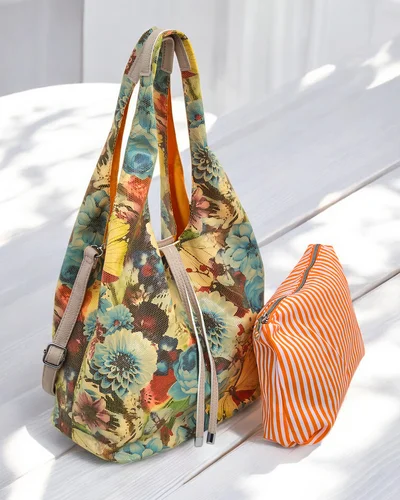 Royalfashion Duża torba materiałowa w kwiaty z kosmetyczką i zapięciem na magnes