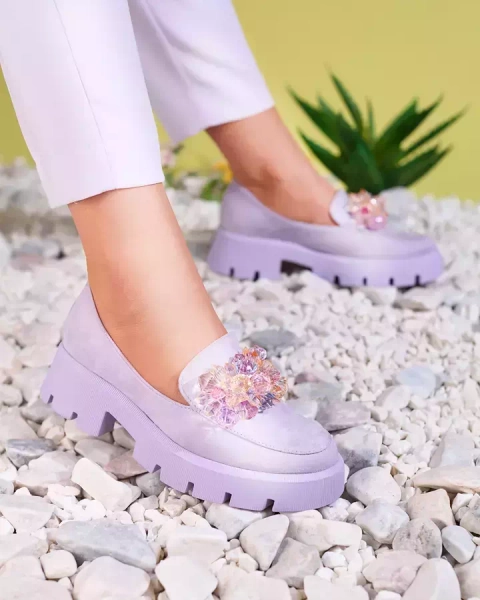 OUTLET Royalfashion Fioletowe damskie mokasyny z kolorowymi kryształkami Crystal Glam