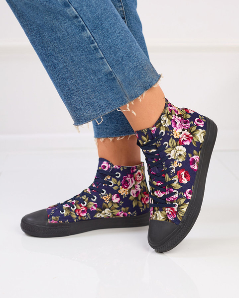 Royalfashion Wysokie granatowe trampki damskie w kolorowe kwiaty Soxic