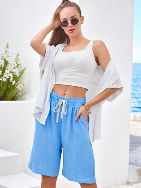 Royalfashion Krótkie spodenki damskie z gumką i troczkami w pasie do kolana