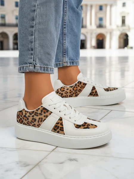 Damskie Sneakersy Calista Leopardia – Białe Skóra Eko Tkanina Wiosna 4cm