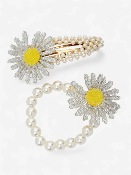 Royalfashion Zestaw spinki i gumki z kwiatem Flora Perla