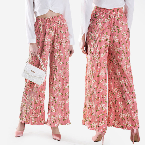Royalfashion Damskie różowe spodnie materiałowe w kwiatki