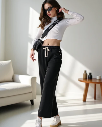 Royalfashion Wiskozowe szerokie spodnie damskie dresowe z cyrkoniami